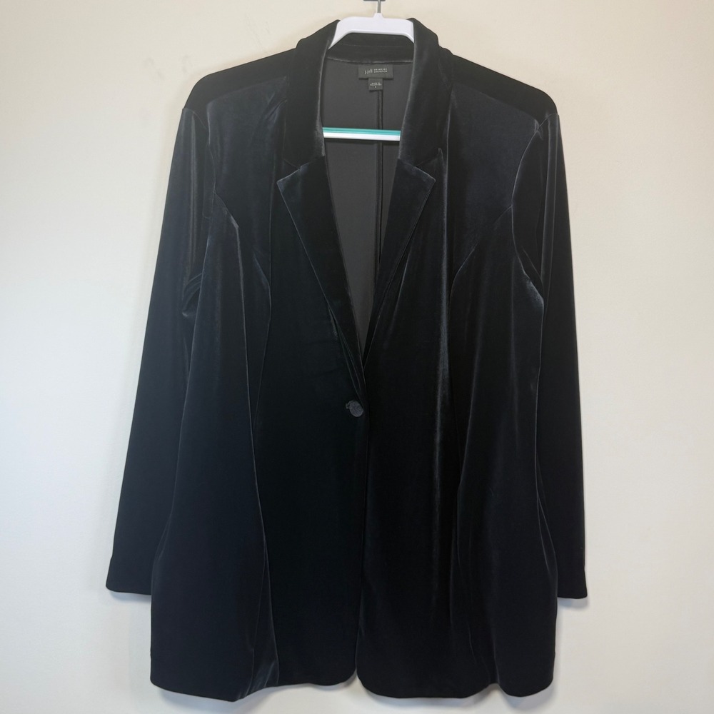 J. Jill Wearever Black Velvet Blazer Women's Large Jacket Long Velour One Button